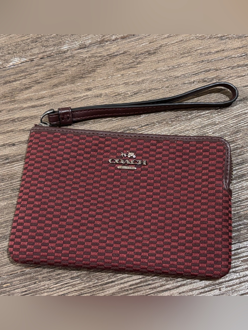 Coach Red Checkered Wristlet with Leather Strap